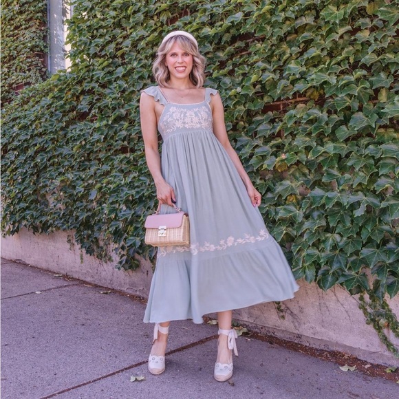 Sage Green Embroidered Floral Maxi Dress - Picture 2 of 6